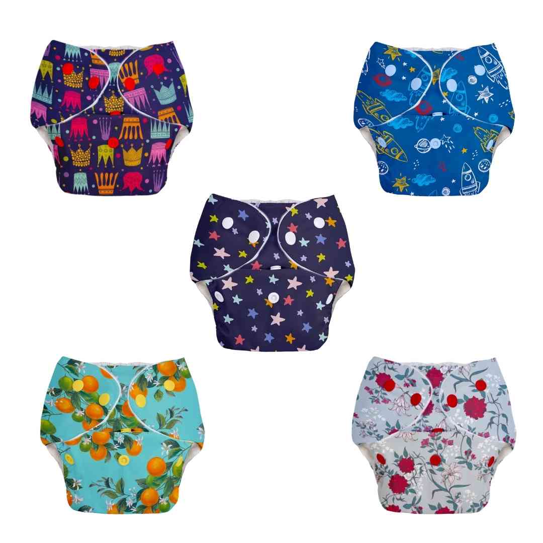 Basic Diaper Pack of 5-Assorted (with fabric pulling/gathering in the front) No Print Choice